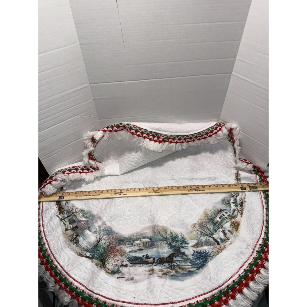 Vtg 80s RENNOC White Felt CHRISTMAS‎ TREE SKIRT / Tablecloth Winter Sleigh Ride